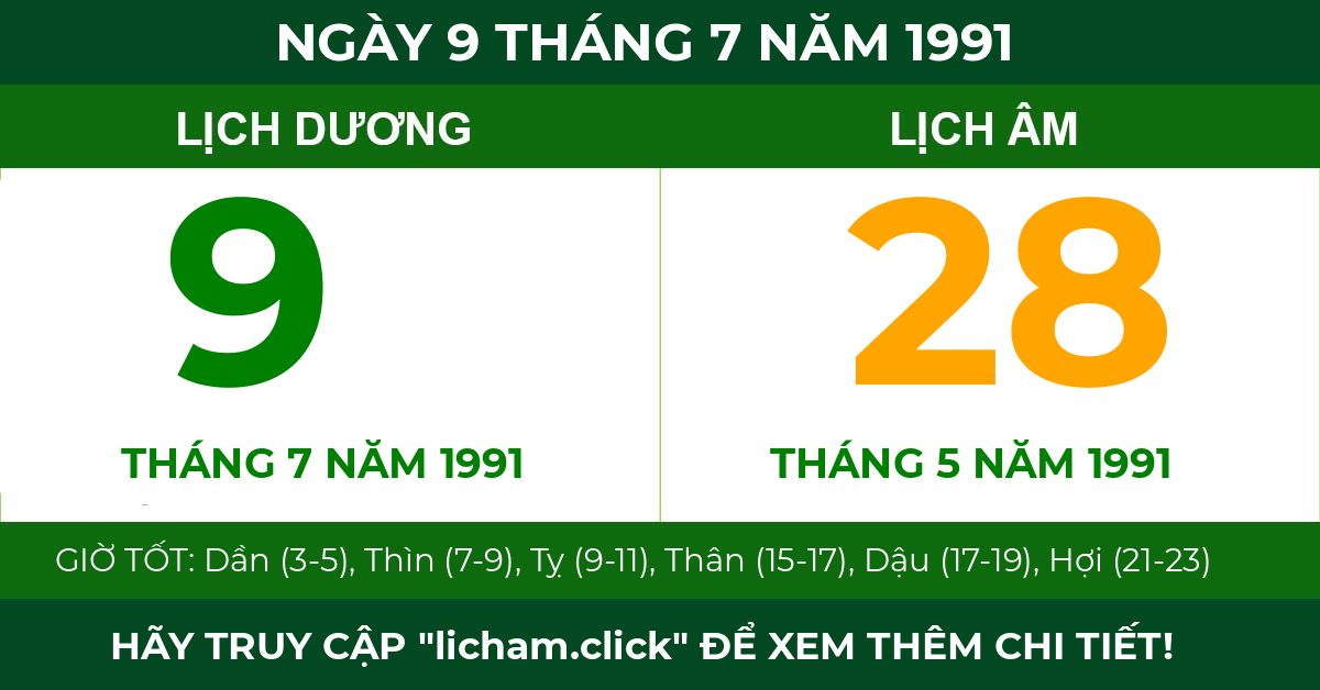 lịch âm ngày 9 tháng 7 năm 1991