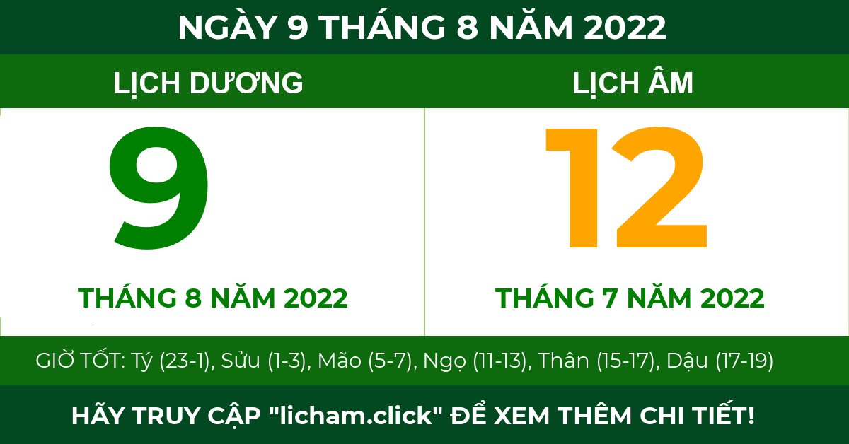 lịch âm ngày 9 tháng 8 năm 2022