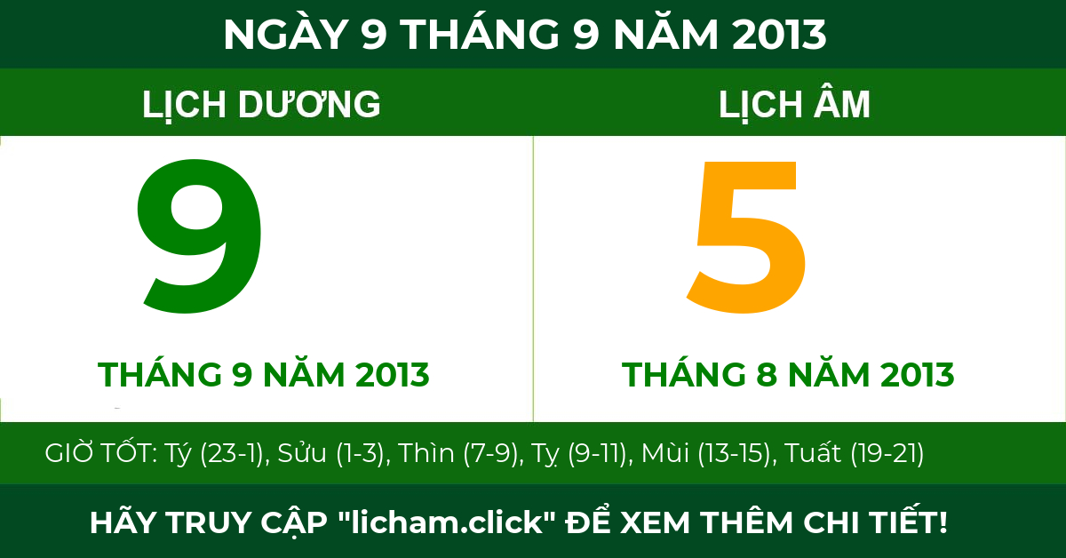 lịch âm ngày 9 tháng 9 năm 2013